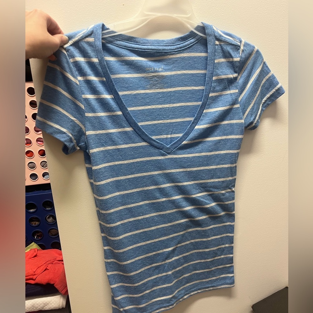 Wet Seal Blue and White Striped V-Neck Tee